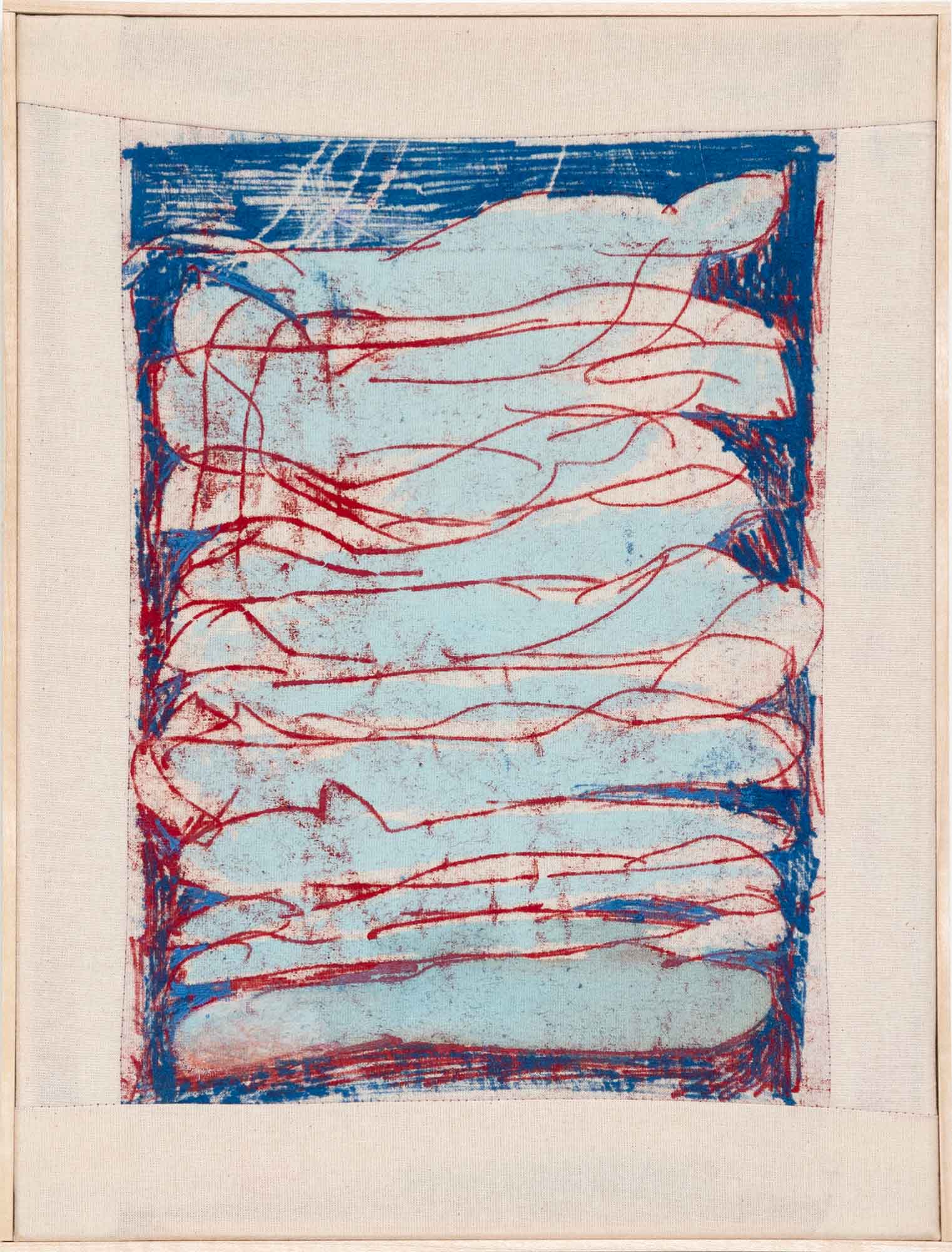 Svenja Landsiedel - Ein Traum über dem anderen - 2024 - Monotypie, Ölfarbe, Kreide und Faden auf Leinwand, gerahmt - 30 x 40 cm