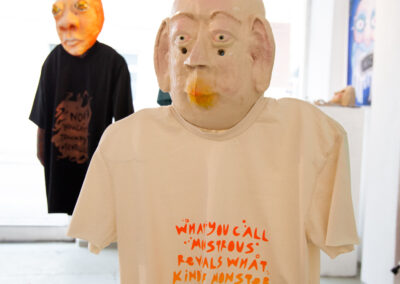 Anja Herzog - I´ve had this talk a thousand times - Papmache´Masken mit Siebdruck Shirts - Maße variabel - 2025