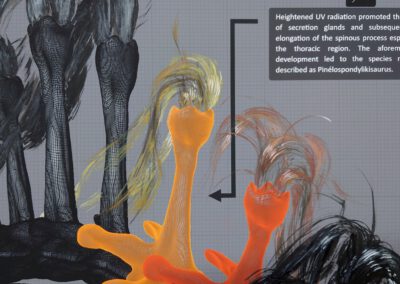 Fabian Vogel - Evolution of the Pinélospondylikisaurus II - Detail - 2024/2025- Chinatusche, Pastell, Aquarell und Marker auf Fine Art Print auf Papier -Jedes Bild 40 x 69,2 cm